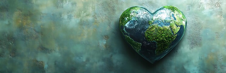 Heart shaped planet Earth with green continents and blue oceans on textured background love globe