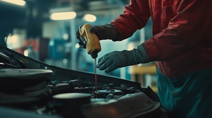 Action shot of a mechanic refilling the transmission fluid in a car