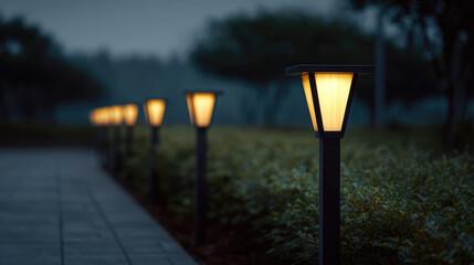 Garden pathway features a row of glowing lights bordered by shrubs at dusk. Warm illumination, evening tranquility