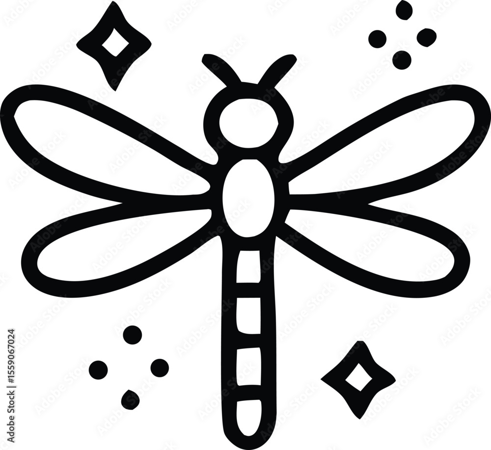 Poster charming dragonfly illustration with sparkling elements, featuring delicate wings and a segmented bo