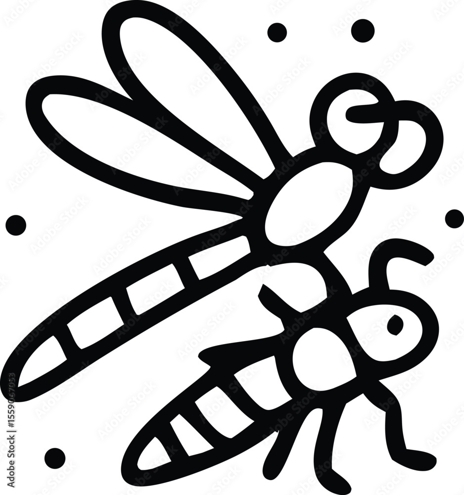 Poster line art illustration featuring a dragonfly capturing a wasp amid scattered dots, creating a whimsic