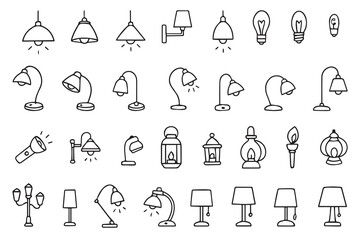 Doodle Set of lamps. Hand drawn icons of light bulbs. Pendant lamps, table lamps, lanterns, Lamps with lampshades for indoor lighting. Vector illustration