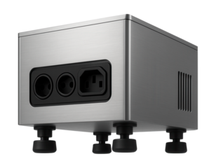 Voltage transformer with adjustable feet for stable placement on uneven surfaces in a basement.