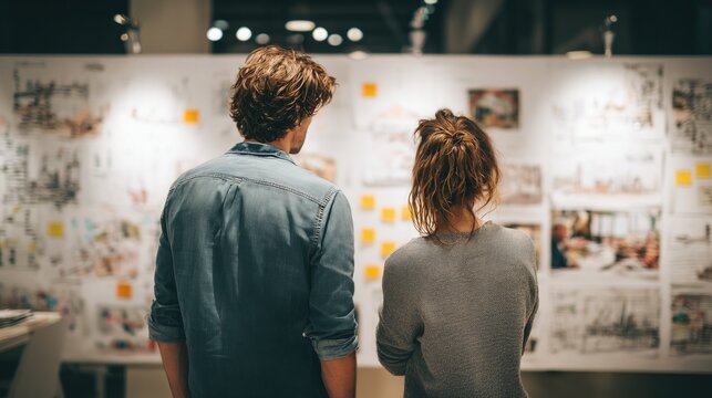Back view of a man and woman couple viewing a design project board with blueprints, sticky notes, and sketches in a modern office workshop. Collaborative creative process, team discussion