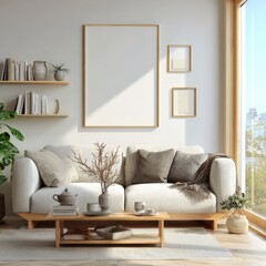 Cozy living room interior with sofa and empty picture frame on wall