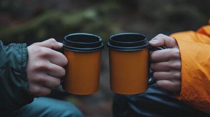 Two hands holding mugs outdoors