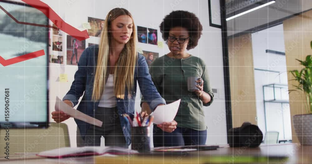 Poster Business co-workers placing docs on table and analyzing falling metrics with red line-graph overlay
