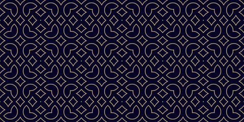 Luxury vector floral seamless pattern in oriental style. Black and gold texture with outline flowers, leaves, diamonds, curved lines. Abstract geometric background design. Golden arabesque ornament