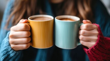 Two mugs of coffee held by hands