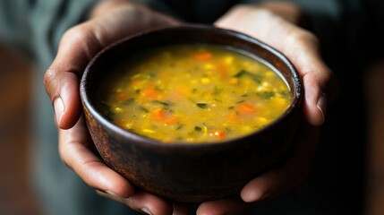 Hands holding a bowl of soup
