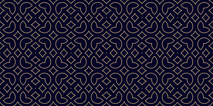 Luxury vector floral seamless pattern in oriental style. Black and gold texture with outline flowers, leaves, diamonds, curved lines. Abstract geometric background design. Golden arabesque ornament