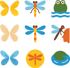 Vector illustration featuring butterfly wings, dragonflies, frog, and lily pad icons in a flat design style
