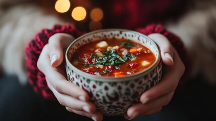 Hands holding a bowl of warm soup