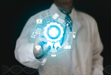 A medical worker touch virtual screen of certification of standard quality control, guarantee of warranty. Digital internet business medical technology storage.Guarantee Standards ISO