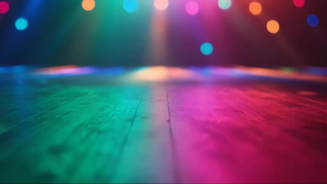 Vibrant colors and lights shining on wooden dance floor  
