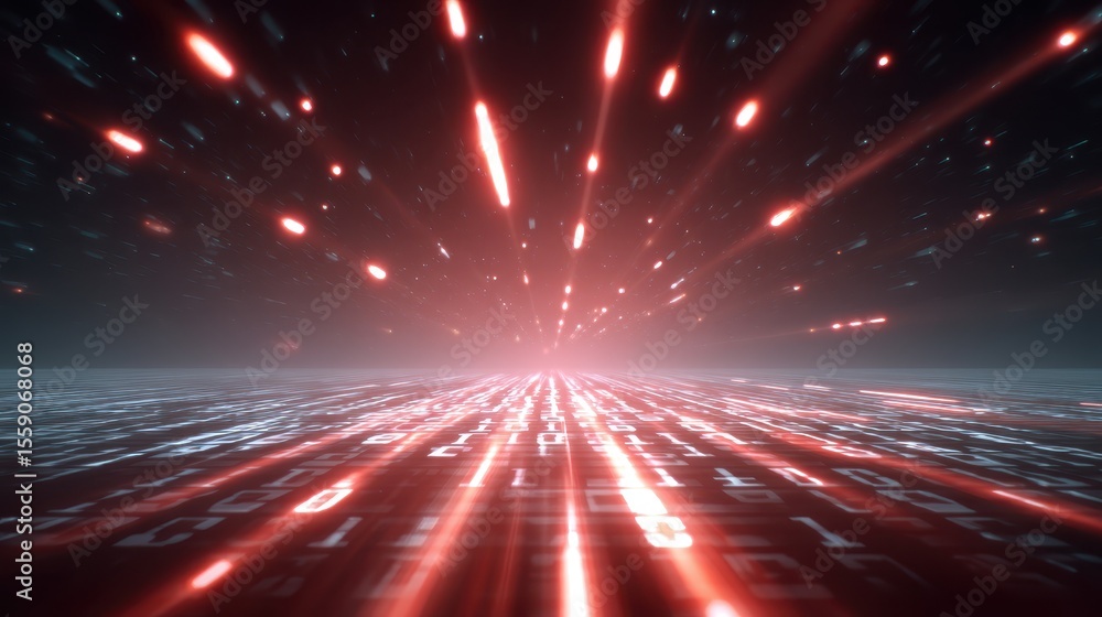 Fototapete digital design featuring red light beams converging towards a distant horizon, creating a futuristic