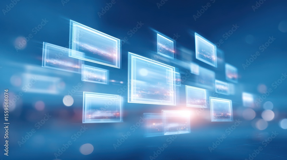 Aufkleber Abstract digital display of floating frames against a blue background, conveying a sense of technology and connectivity.
