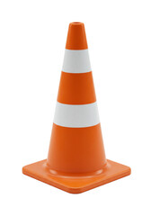 A single, new-looking, brightly colored orange plastic traffic cone with two prominent white reflective stripes, isolated on a seamless transparent studio background with ample copy space and high-key