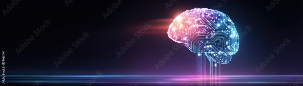 Poster futuristic digital brain with circuit patterns illuminated by vibrant colors against a dark backgrou