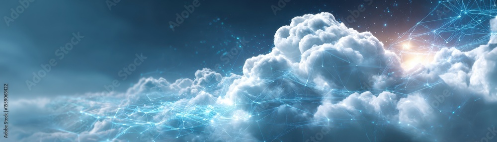 Poster dramatic, illuminated clouds with a blue background, creating a sense of depth and atmosphere.