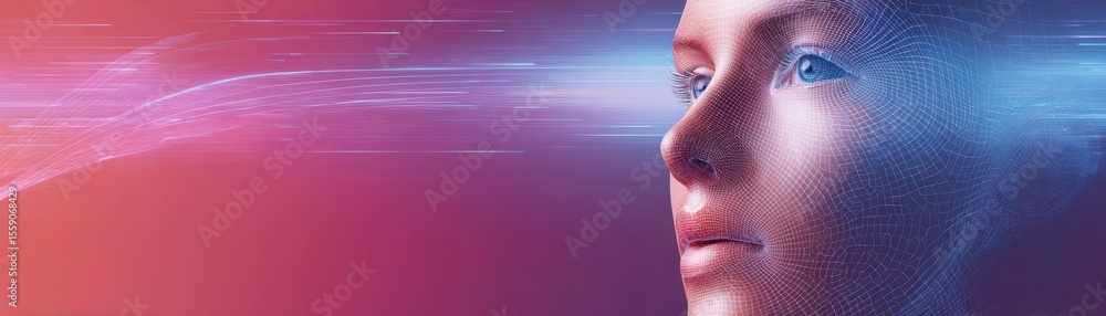 Poster a digital abstract representation of a human face with flowing lines and a gradient background, symb