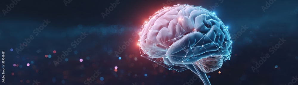 Poster digital illustration of a brain with neural connections, set against a dark background with glowing 
