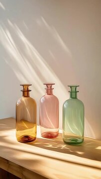 Sunlight Passing Through Glass Bottles on Wooden Table &ndash; 916 Vertical Scene