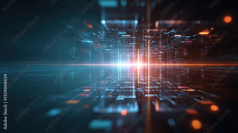 Aufkleber Futuristic digital landscape with glowing lines and nodes, creating a sense of depth and technology.