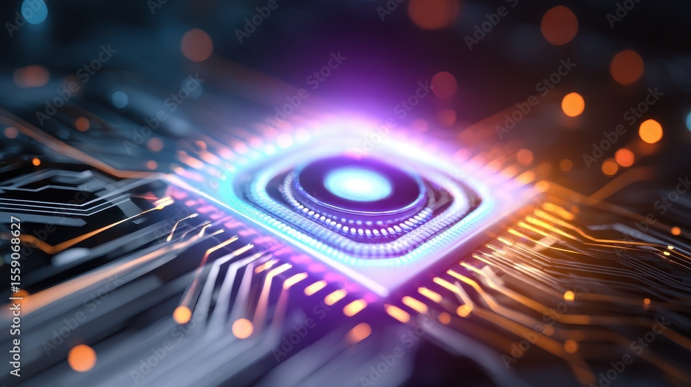 Poster futuristic microchip with glowing circuits and vibrant colors, symbolizing advanced technology and d