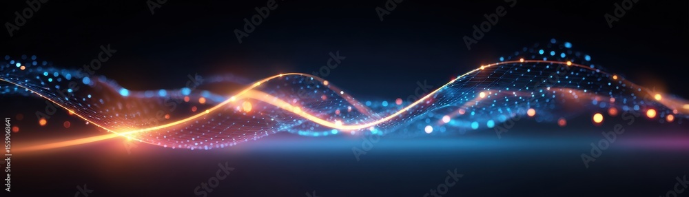 Poster bright, flowing light waves with colorful dots on a dark background, creating a dynamic and futurist