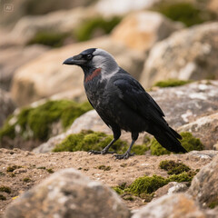 Fototapeta premium Raven perched on a rock and crow standing on a beach in natural wildlife setting