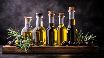 Olive oils on wooden board