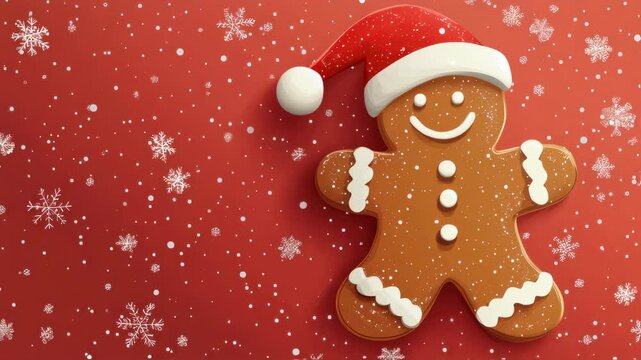 Cheerful gingerbread man dancing in snowy holiday scene on red background