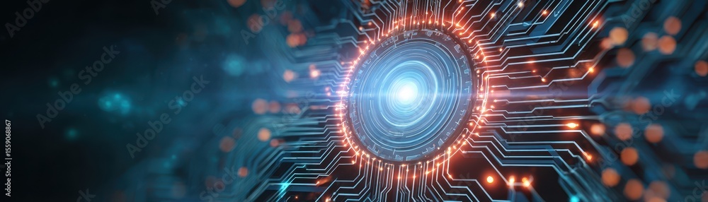 Poster futuristic digital circuit design with vibrant colors and glowing elements, representing technology 