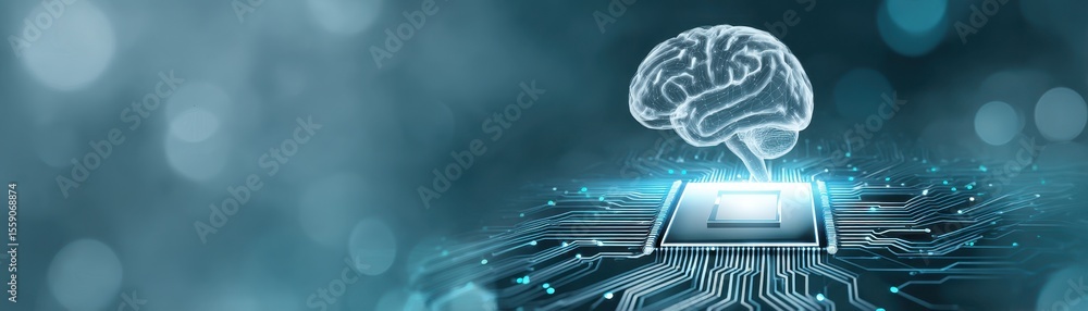 Poster digital illustration of a brain connected to a microchip, symbolizing artificial intelligence and te