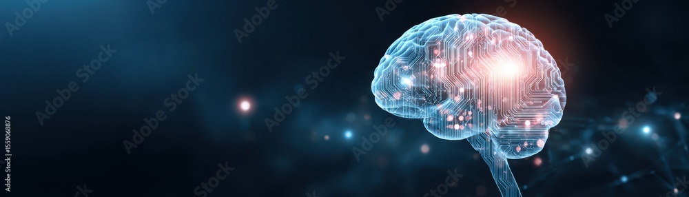 Poster digital representation of a brain with circuit patterns, symbolizing technology and intelligence.