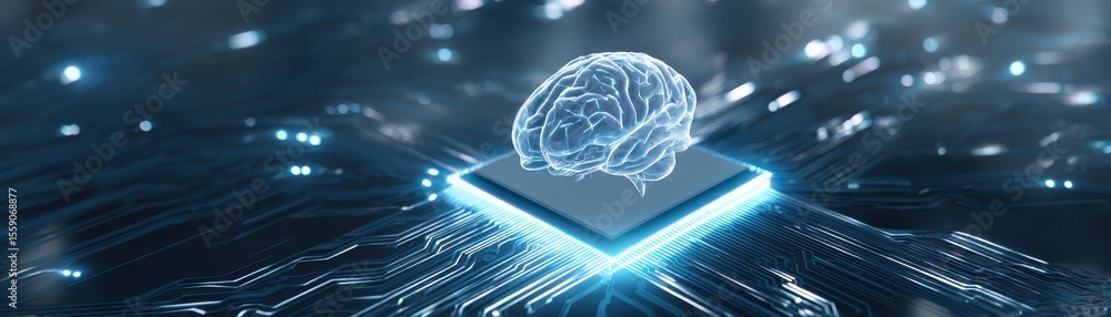 Poster digital representation of a brain on a circuit board, symbolizing artificial intelligence and techno