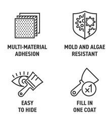 Spackling icons set - Multi-material adhesion, mold, algae resistant, Easy to hide, Fill in 1 coat
