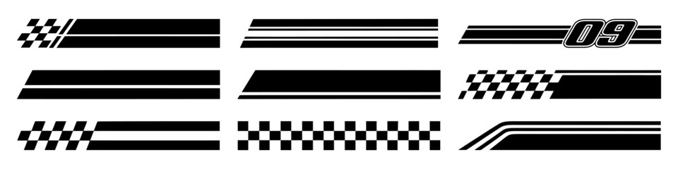 Racing cars and race car stripes set. Checkered flag, motocross labels, dynamic lines, motorsport, racing stripe speed, sport decals, tuning stickers
