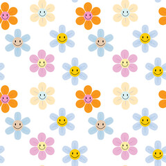 Happy face flowers in pastel tones, seamless floral pattern for kids, spring, and fun themes