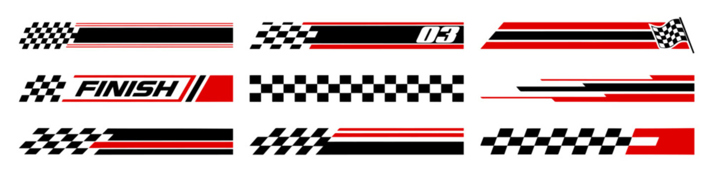 Racing cars and race car stripes set. Checkered flag, motocross labels, dynamic lines, motorsport, racing stripe speed, sport decals, tuning stickers