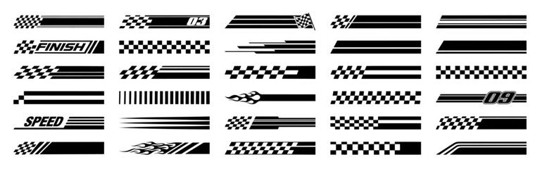 Racing cars and race car stripes set. Checkered flag, motocross labels, dynamic lines, motorsport, racing stripe speed, sport decals, tuning stickers