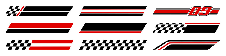 Racing cars and race car stripes set. Checkered flag, motocross labels, dynamic lines, motorsport, racing stripe speed, sport decals, tuning stickers