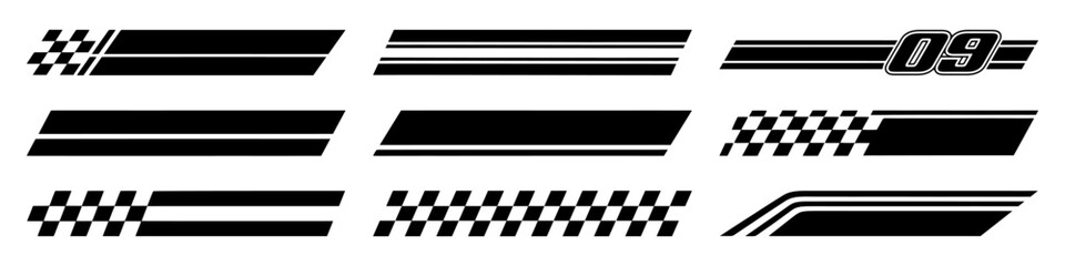 Racing cars and race car stripes set. Checkered flag, motocross labels, dynamic lines, motorsport, racing stripe speed, sport decals, tuning stickers