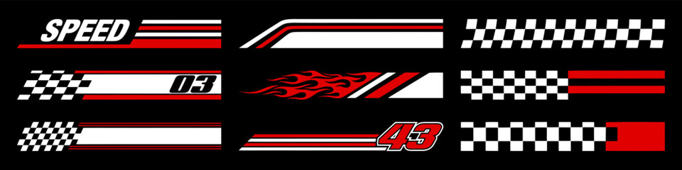 Racing cars and race car stripes set. Checkered flag, motocross labels, dynamic lines, motorsport, racing stripe speed, sport decals, tuning stickers