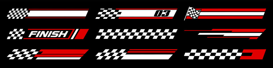 Racing cars and race car stripes set. Checkered flag, motocross labels, dynamic lines, motorsport, racing stripe speed, sport decals, tuning stickers