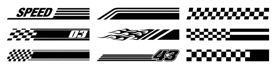 Racing cars and race car stripes set. Checkered flag, motocross labels, dynamic lines, motorsport, racing stripe speed, sport decals, tuning stickers