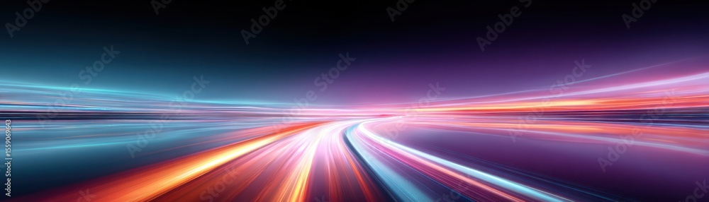 Poster vibrant light trails create a dynamic, abstract representation of motion and speed against a dark ba