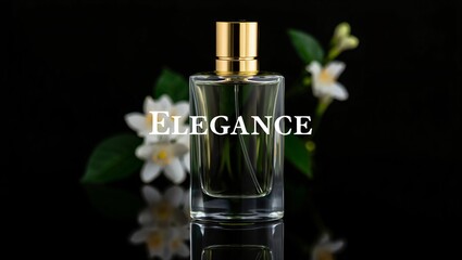 Elegant glass perfume bottle with gold cap and delicate white flowers against a dark background