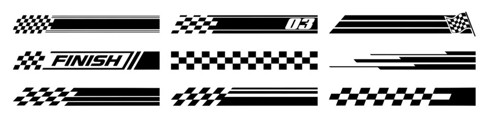 Racing cars and race car stripes set. Checkered flag, motocross labels, dynamic lines, motorsport, racing stripe speed, sport decals, tuning stickers